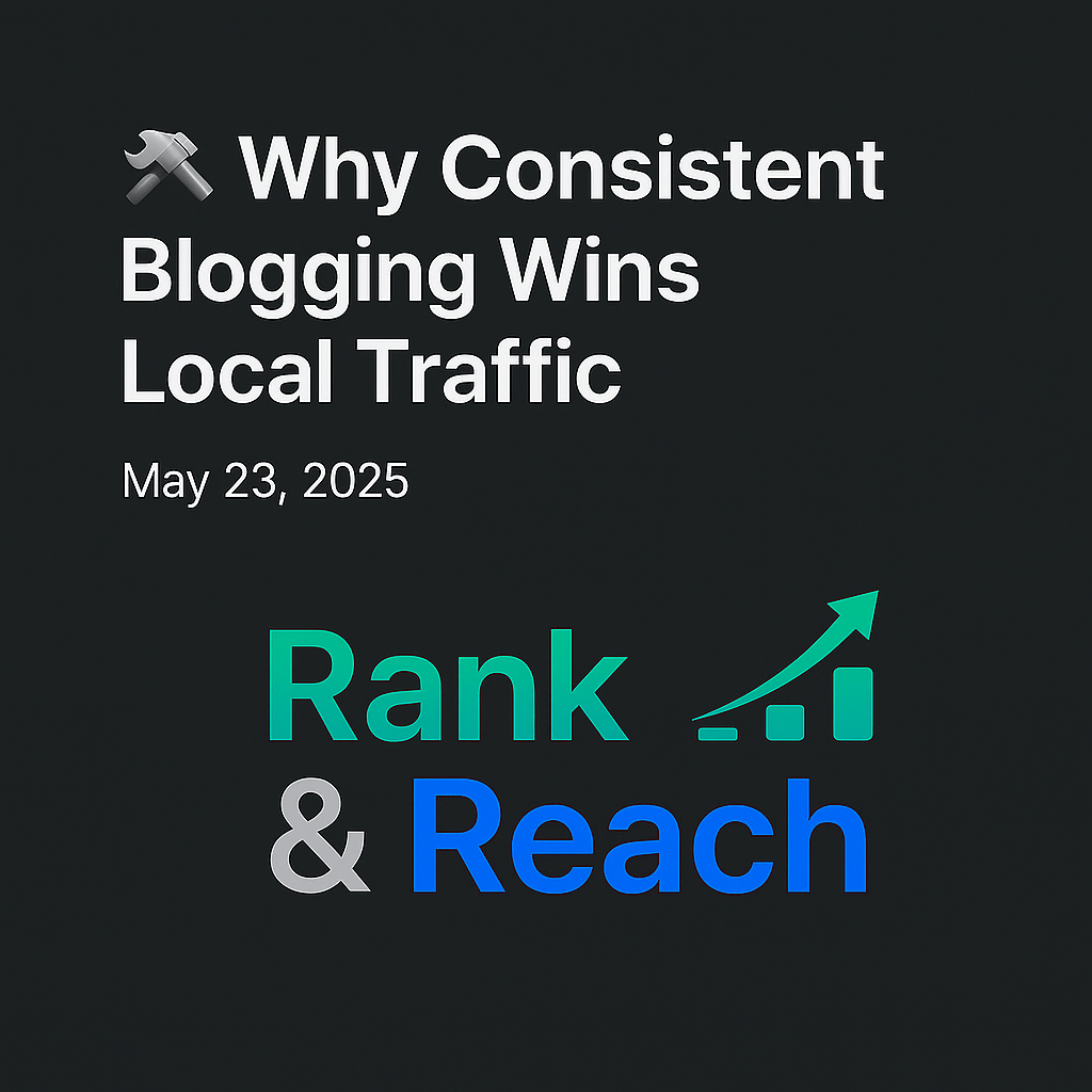 Split-screen SEO blog graphic featuring the title “Why Consistent Blogging Wins Local Traffic” and the Rank & Reach logo.