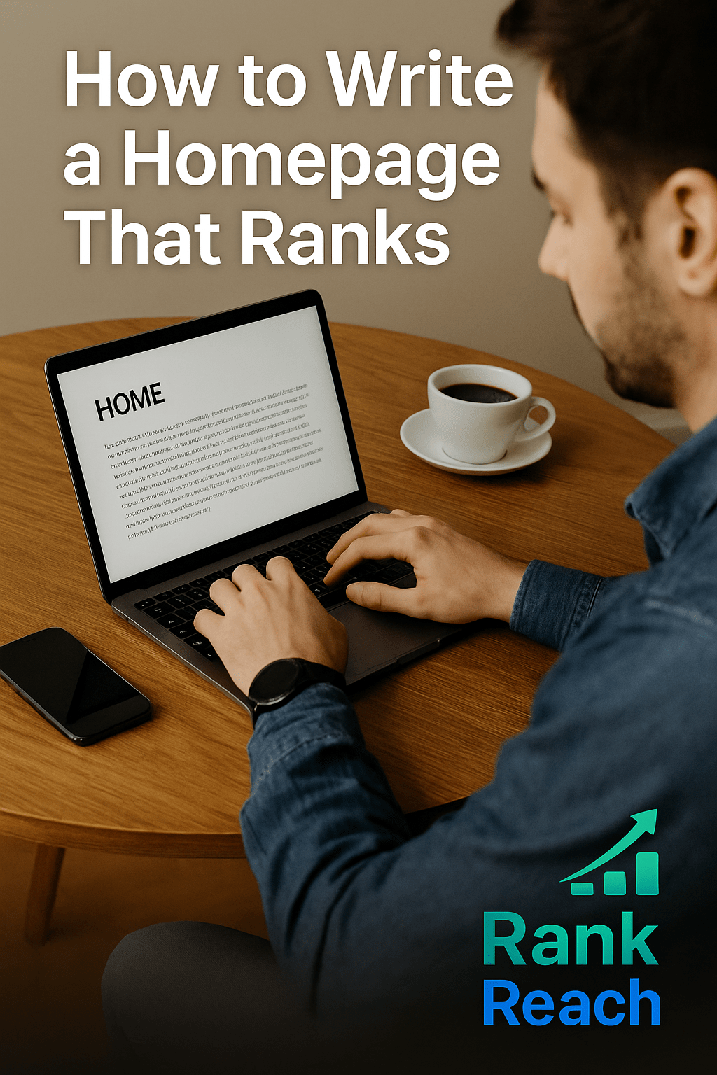 Professional workspace with a person working on a laptop; Rank & Reach logo in the corner.